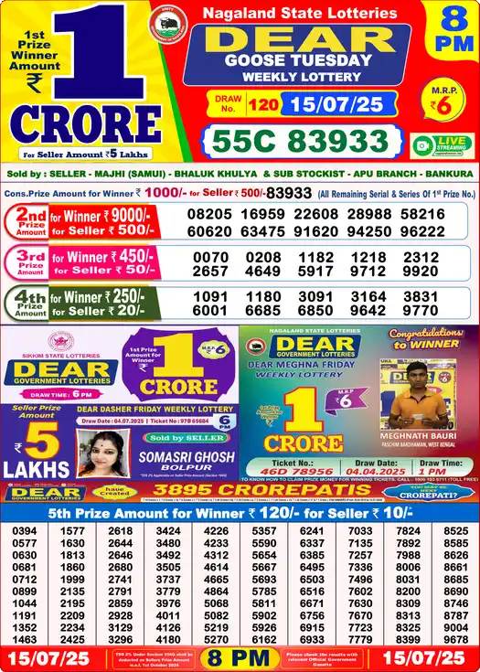 Lottery Sambad 15.07.25 Dear Lottery 8 PM July 15, 2025