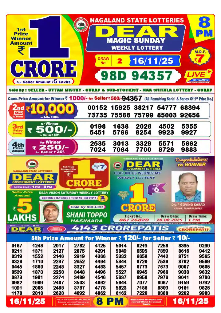 Lottery Sambad 16.11.25 Dear Lottery 8 PM November 16, 2025