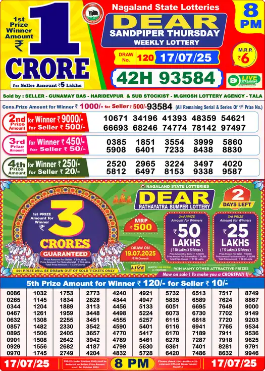 Lottery Sambad 17.07.25 Dear Lottery 8 PM July 17, 2025