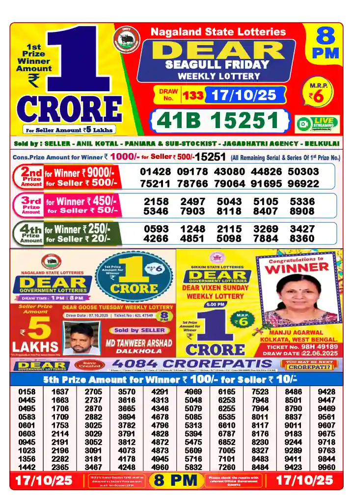 Lottery Sambad 17.10.25 Dear Lottery 8 PM October 17, 2025
