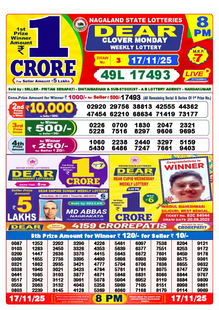 Lottery Sambad 17.11.25 Dear Lottery 8 PM November 17, 2025