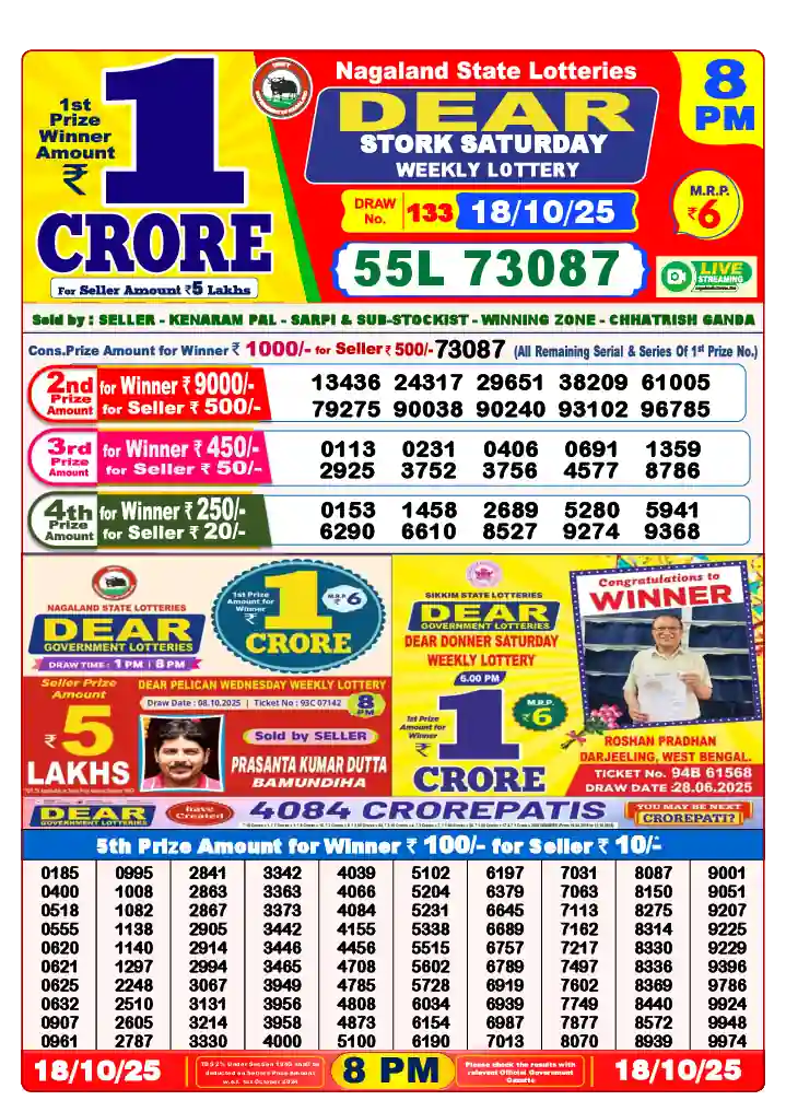 Lottery Sambad 18.10.25 Dear Lottery 8 PM October 18, 2025