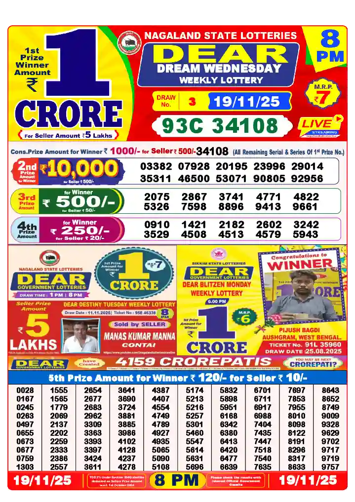 Lottery Sambad 19.11.25 Dear Lottery 8 PM November 19, 2025