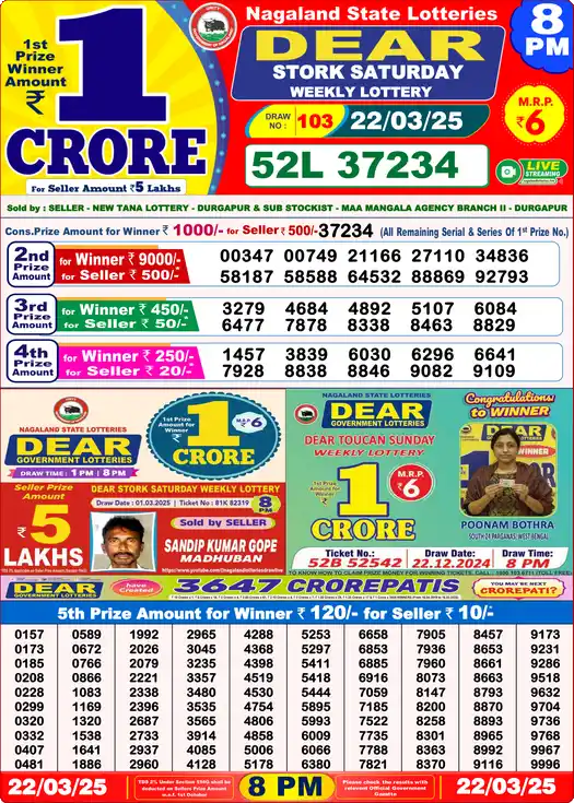 Lottery Sambad 22.03.25 Dear Lottery 8 PM March 22, 2025