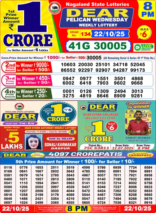 Lottery Sambad 22.10.25 Dear Lottery 8 PM October 22, 2025