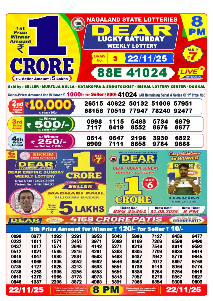 Lottery Sambad 22.11.25 Dear Lottery 8 PM November 22, 2025
