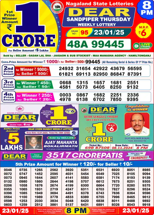 Lottery Sambad 23.01.25 Dear Lottery 8 PM January 23, 2025