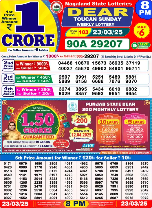 Lottery Sambad 23.03.25 Dear Lottery 8 PM March 23, 2025