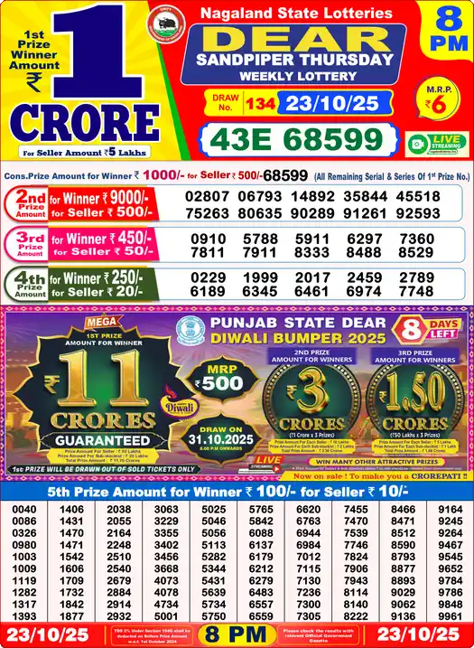 Lottery Sambad 23.10.25 Dear Lottery 8 PM October 23, 2025