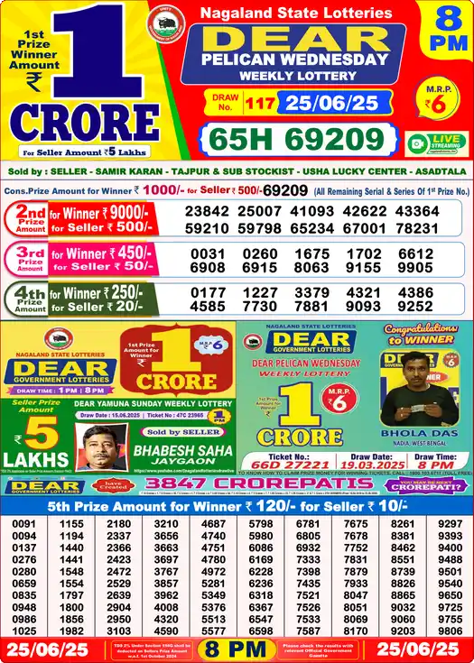 Lottery Sambad 25.06.25 Dear Lottery 8 PM June 25, 2025