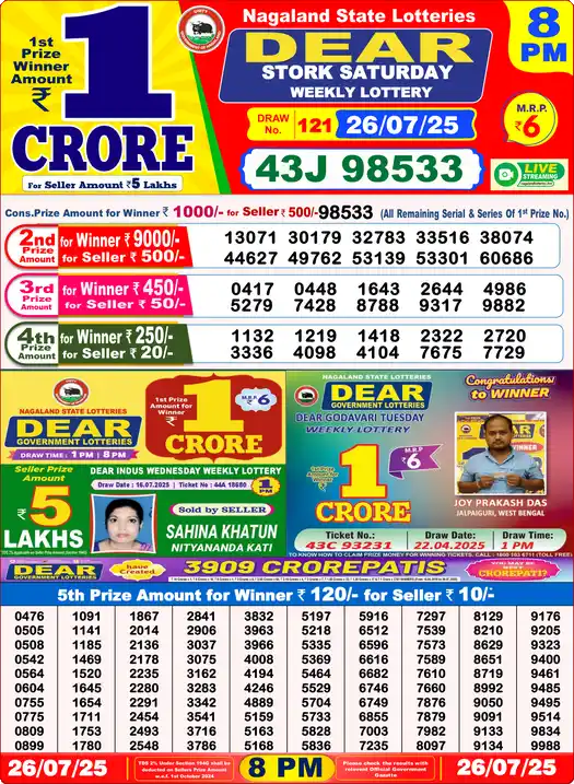 Lottery Sambad 26.07.25 Dear Lottery 8 PM July 26, 2025