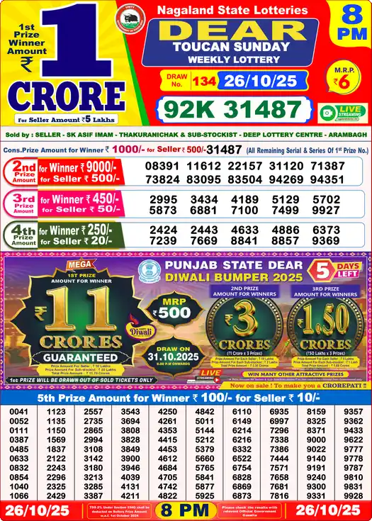 Lottery Sambad 26.10.25 Dear Lottery 8 PM October 26, 2025