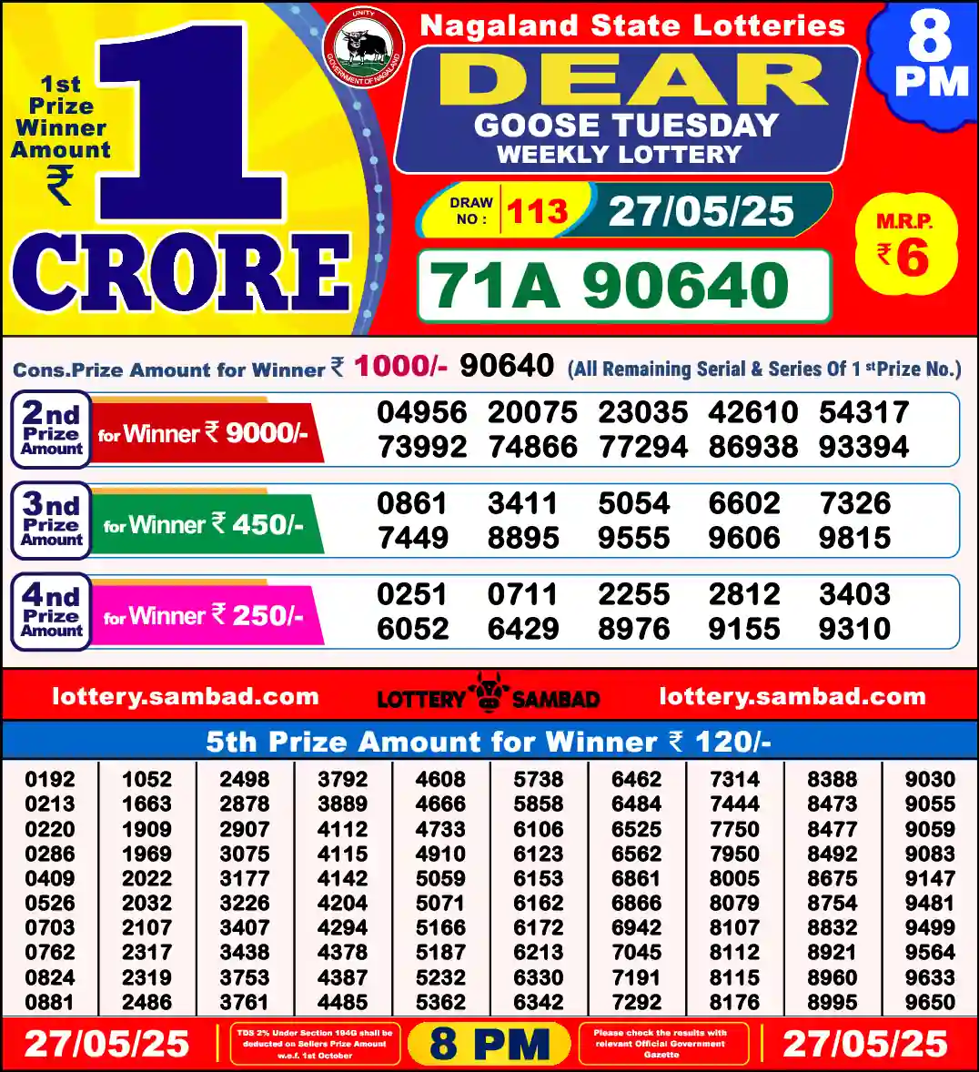 Lottery Sambad 27.05.25 Dear Lottery 8 PM May 27, 2025