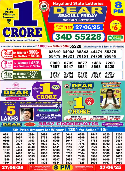 Lottery Sambad 27.06.25 Dear Lottery 8 PM June 27, 2025