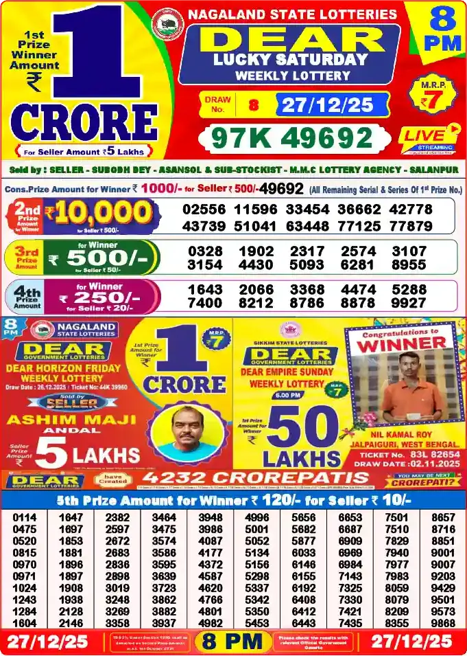 Lottery Sambad 27.12.25 Dear Lottery 8 PM December 27, 2025