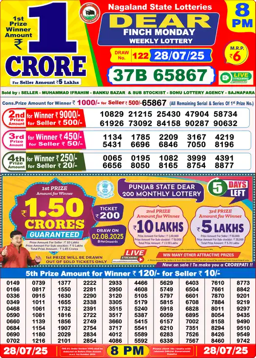 Lottery Sambad 28.07.25 Dear Lottery 8 PM July 28, 2025