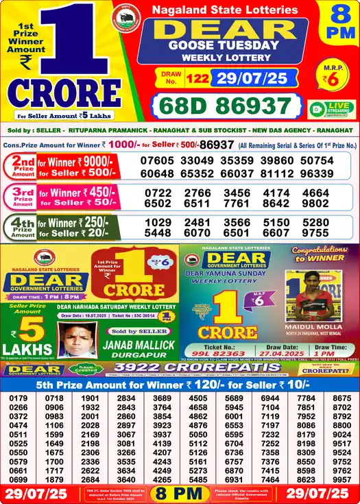 Lottery Sambad 29.07.25 Dear Lottery 8 PM July 29, 2025