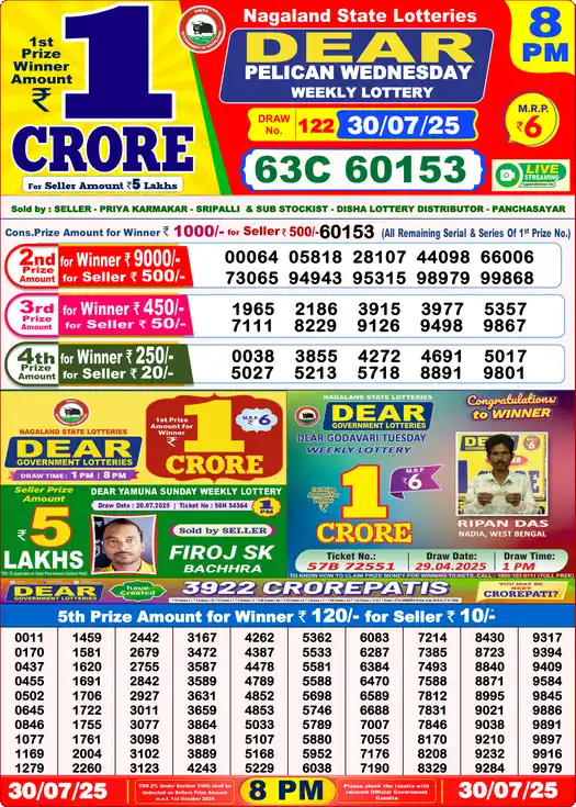 Lottery Sambad 30.07.25 Dear Lottery 8 PM July 30, 2025