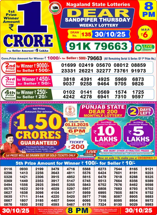 Lottery Sambad 30.10.25 Dear Lottery 8 PM October 30, 2025