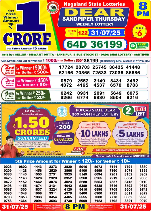 Lottery Sambad 31.07.25 Dear Lottery 8 PM July 31, 2025