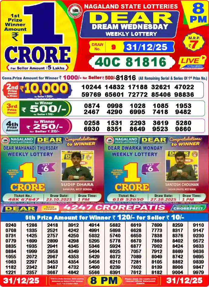 Lottery Sambad 31.12.25 Dear Lottery 8 PM December 31, 2025