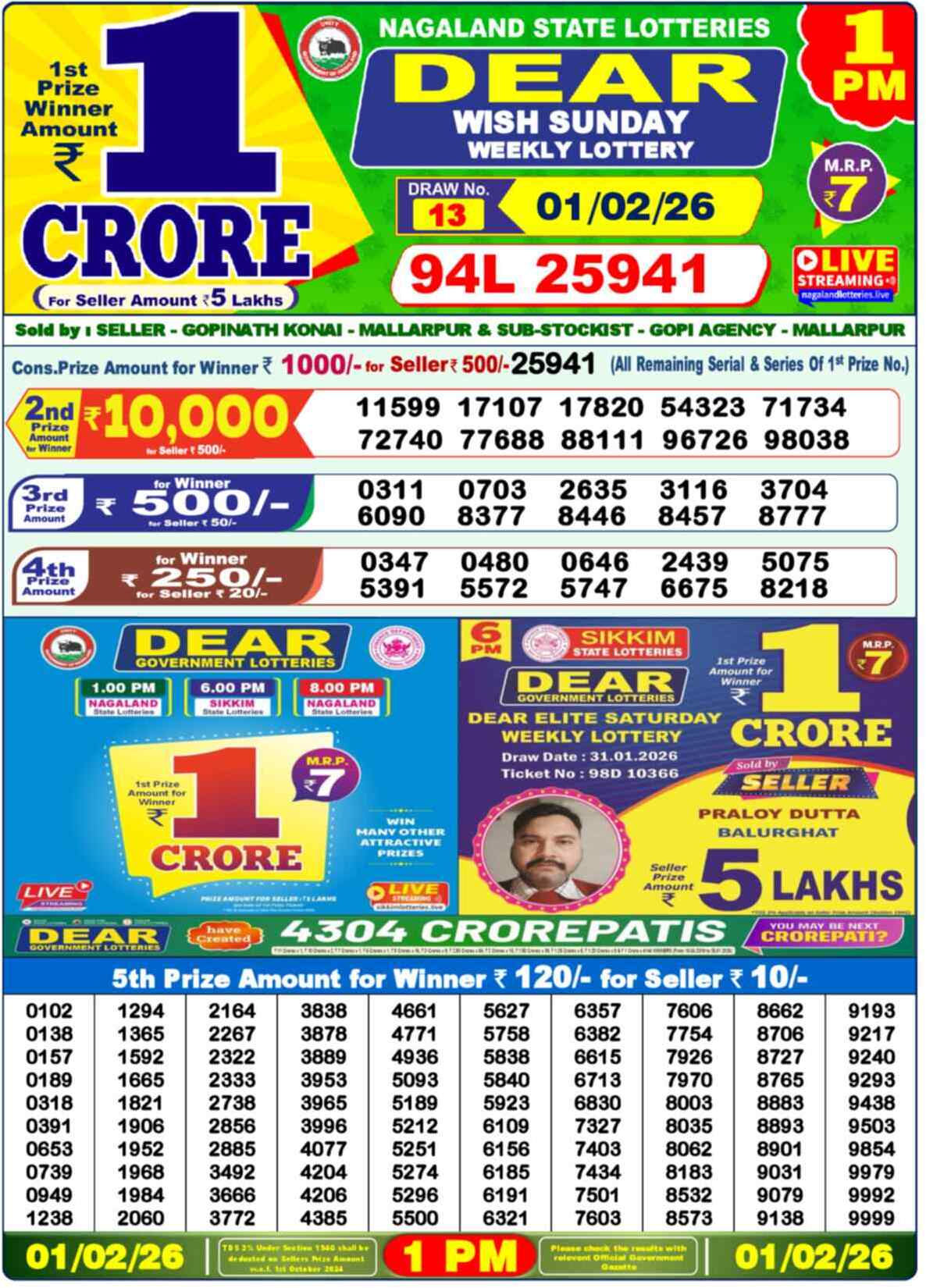 Lottery Sambad 01.02.26 Dear Lottery 1 PM February 01, 2026