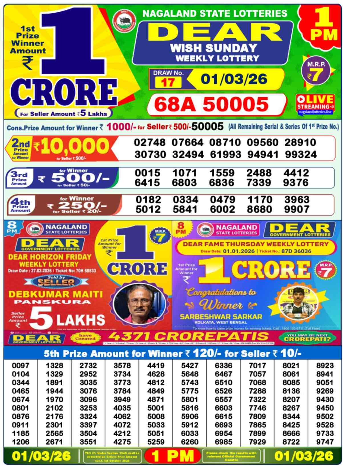 Dear Lottery Result Today 1 PM 02 March 2026