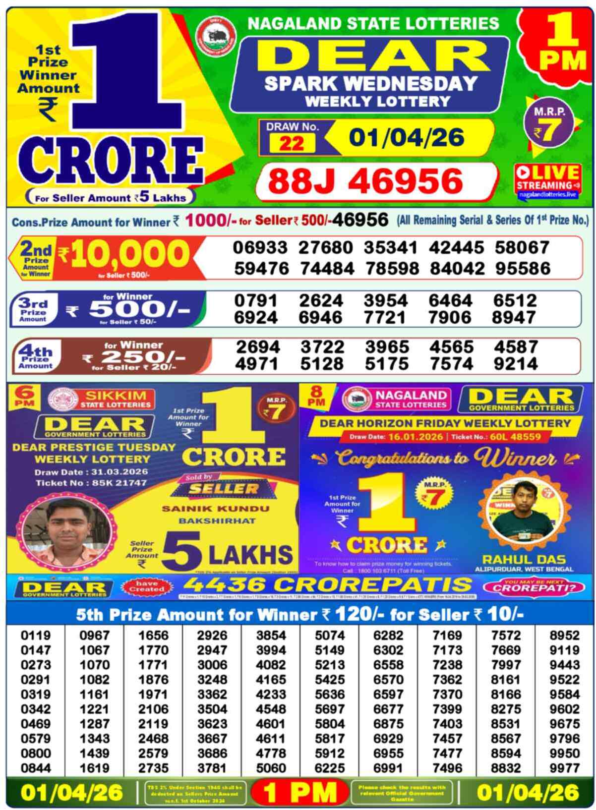 Dear Lottery Result Today 1 PM 01 April 2026