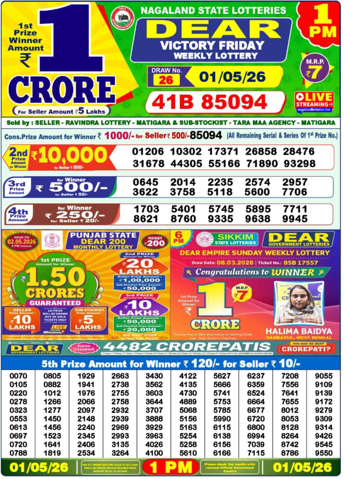 Lottery Sambad 01.05.26 Dear Lottery 1 PM May 01, 2026