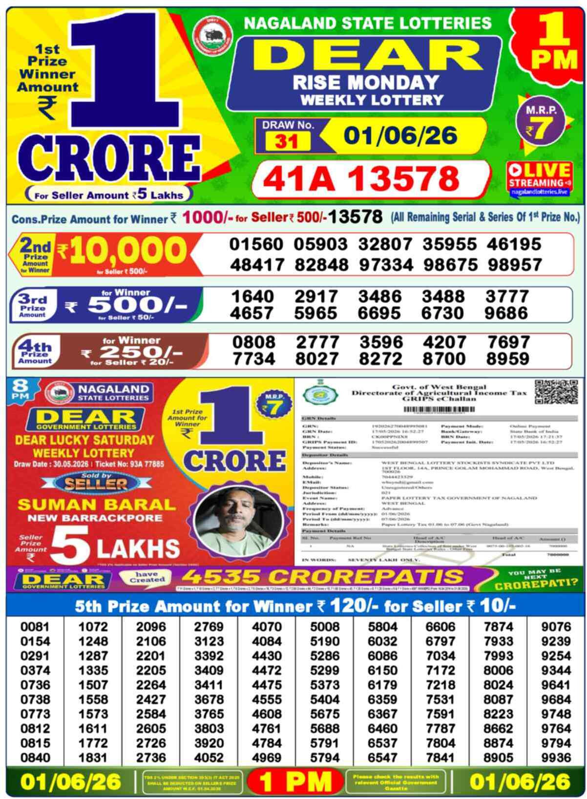 Dear Lottery Result 1 PM 01 June 2026