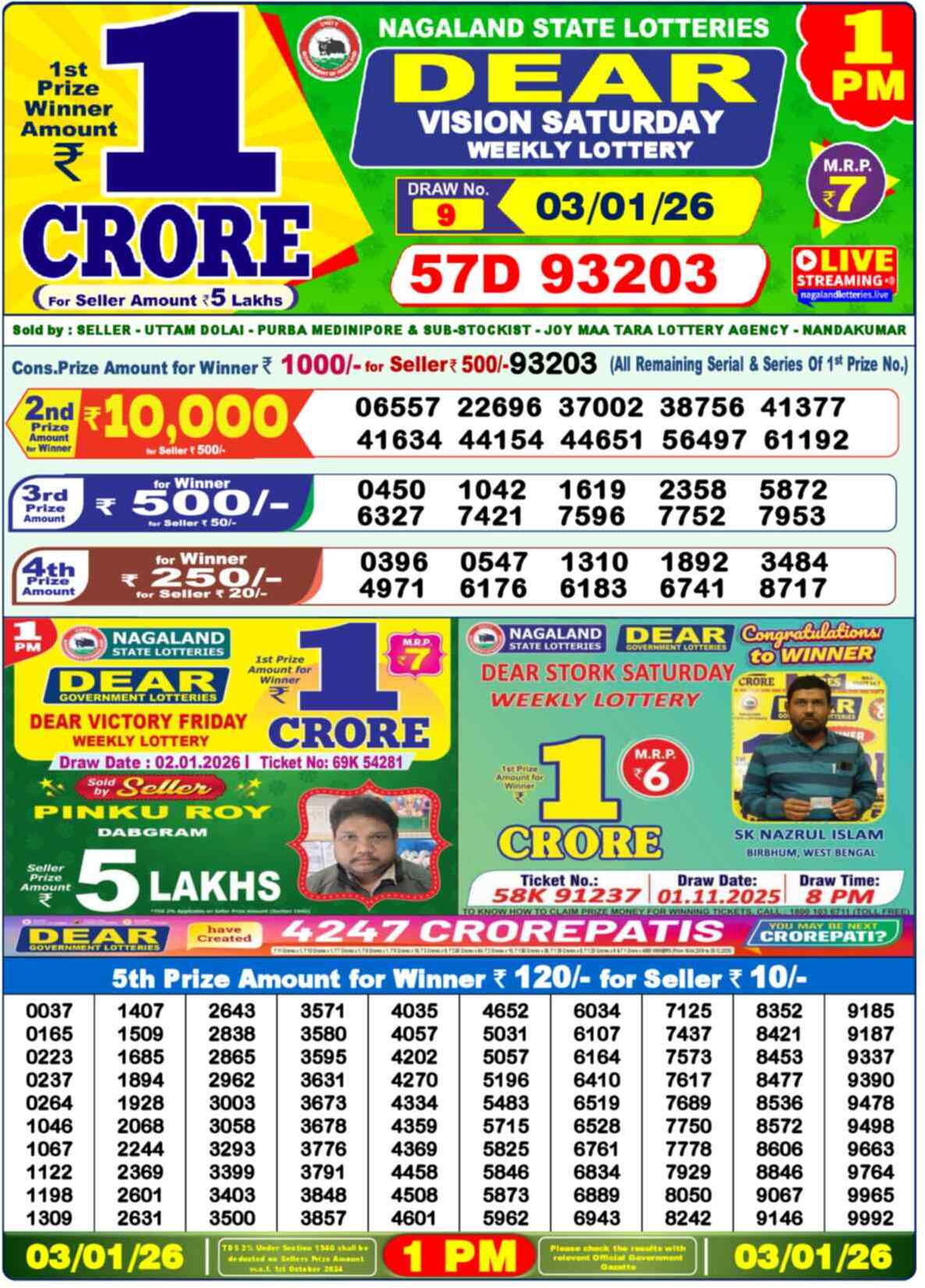 Lottery Sambad 03.01.26 Dear Lottery 1 PM January 03, 2026