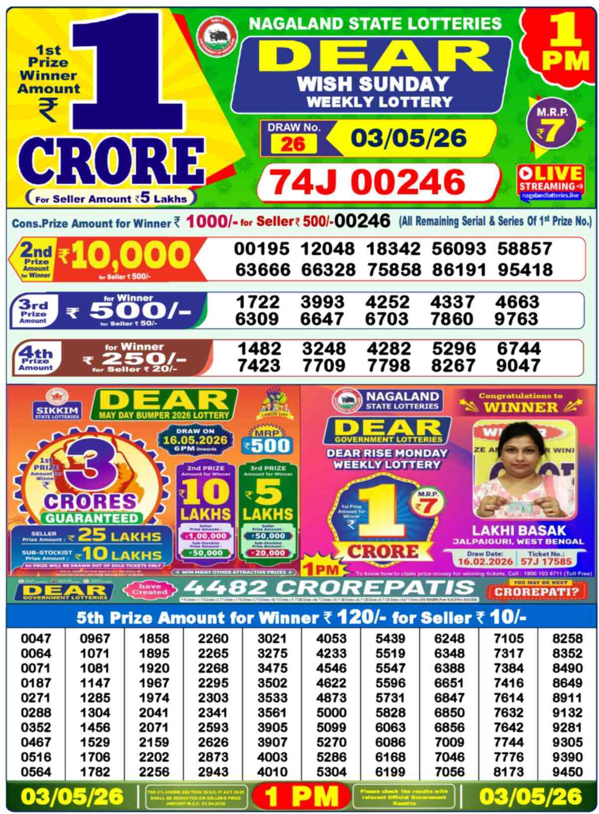 Dear Lottery Result Today 1 PM 03 May 2026