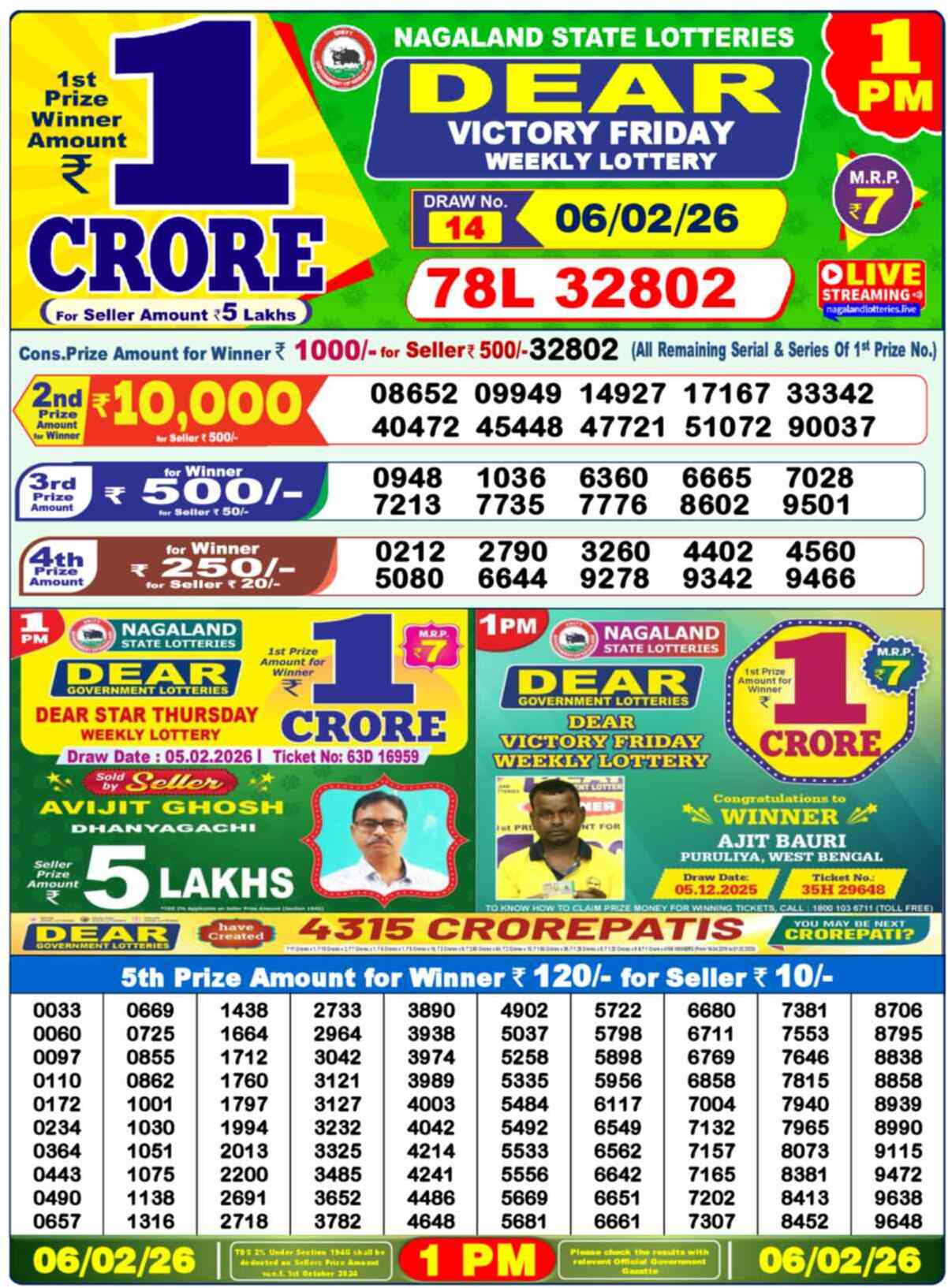 Dear Lottery Result Today 1 PM 07 February 2026