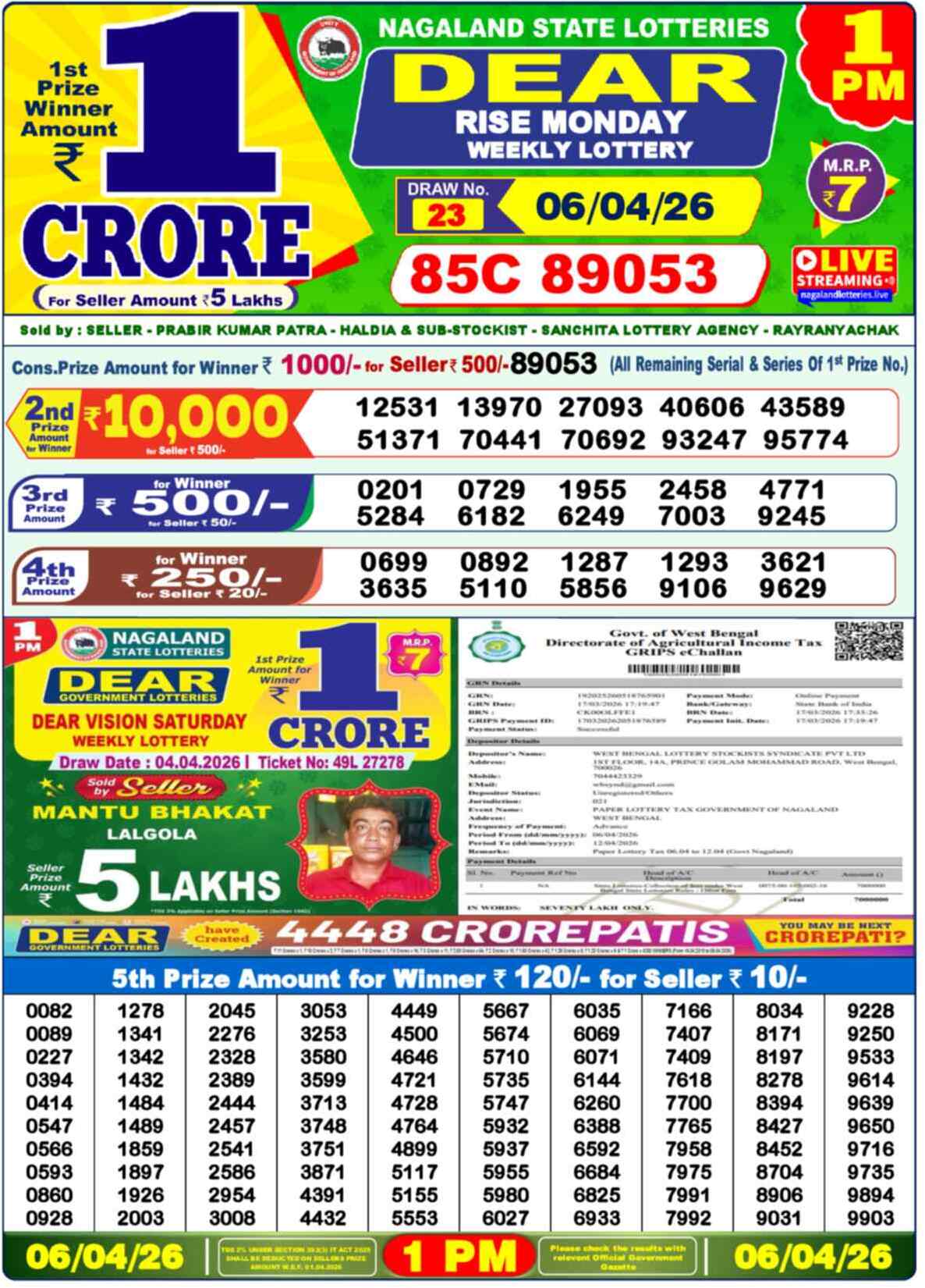 Lottery Sambad 06.04.26 Dear Lottery 1 PM April 06, 2026
