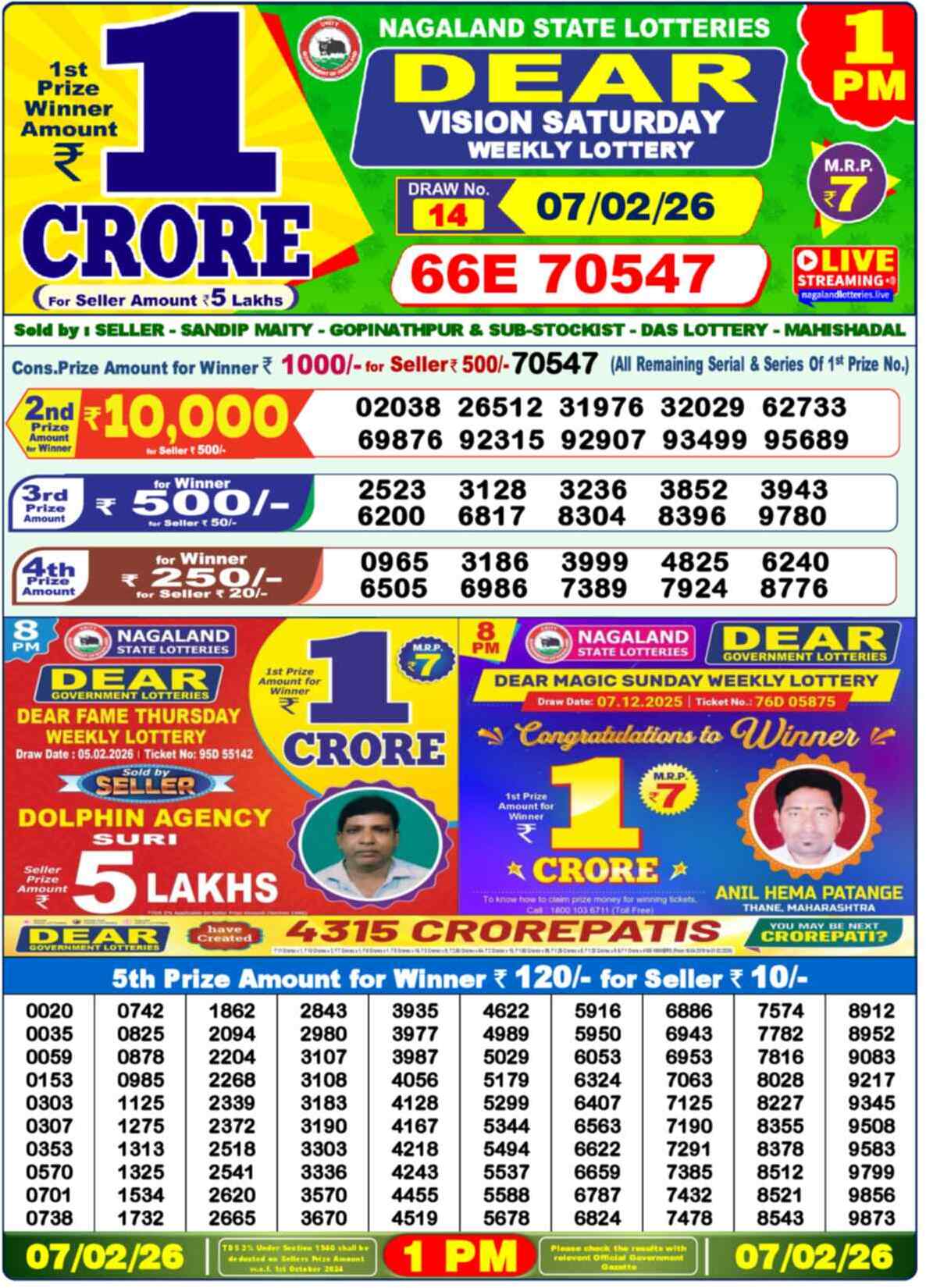 Dear Lottery Result Today 1 PM 08 February 2026