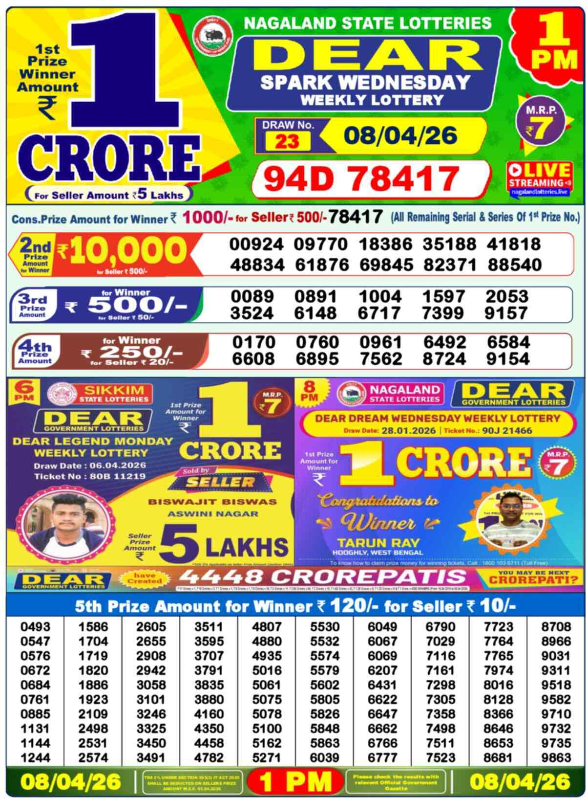 Dear Lottery Result Today 1 PM 08 April 2026