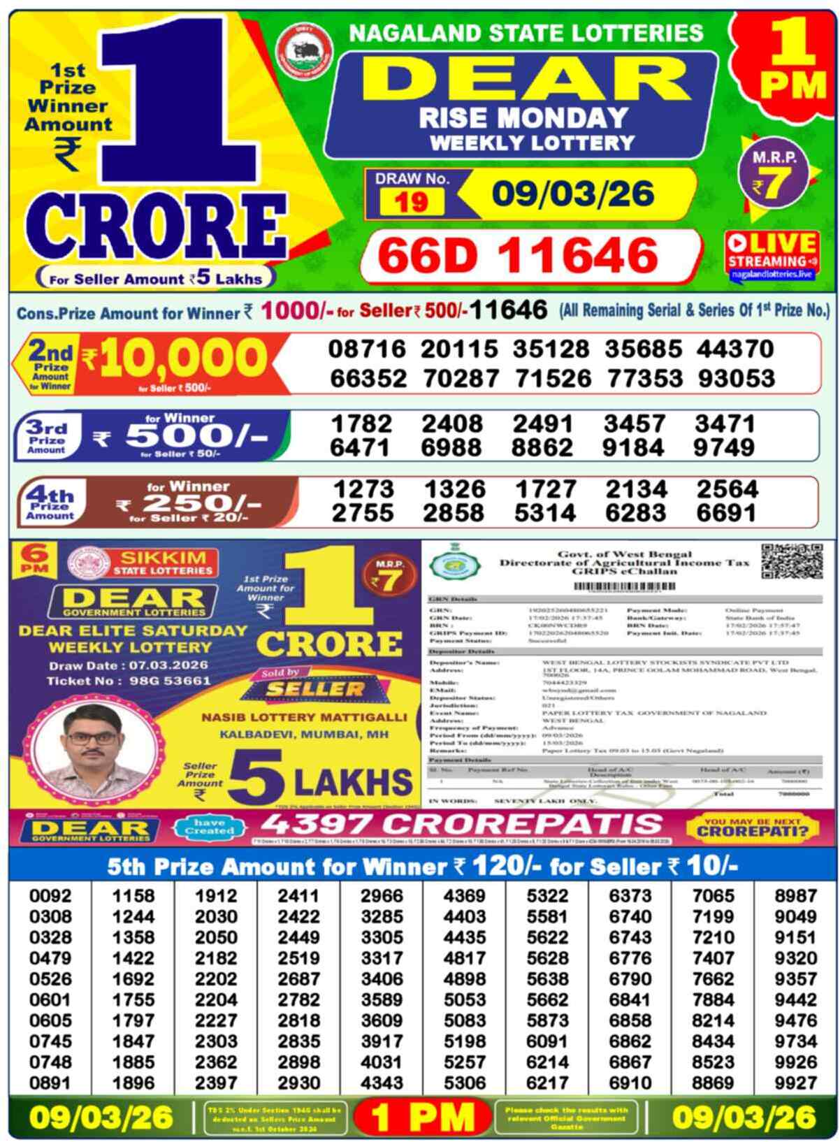 Dear Lottery Result Today 1 PM 10 March 2026