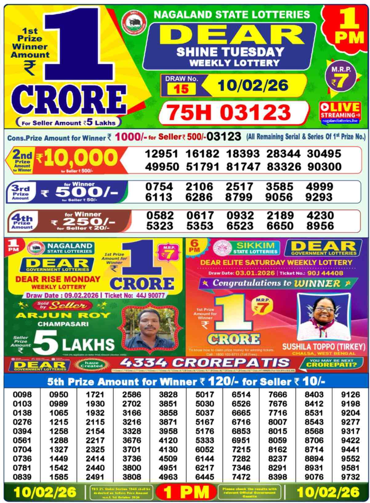 Dear Lottery Result Today 1 PM 11 February 2026