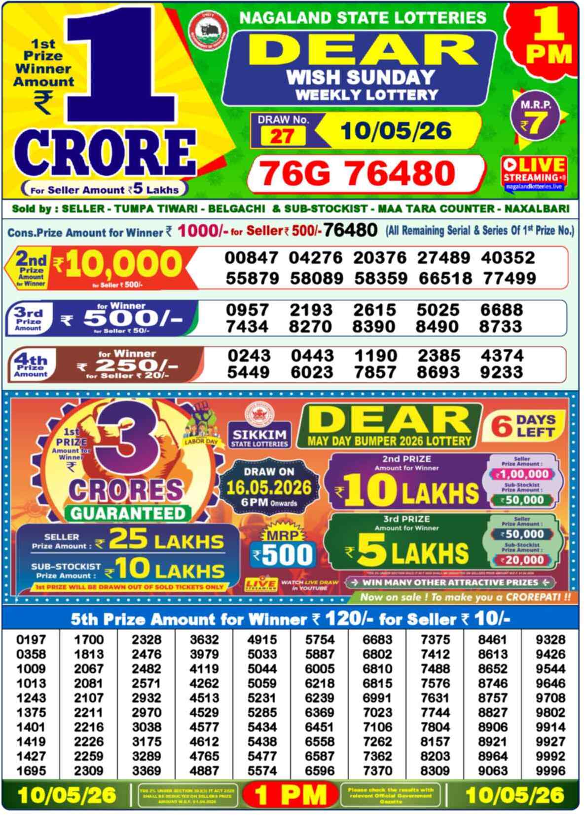 Dear Lottery Yesterday Sambad Result 1:00 PM 10 May 2026