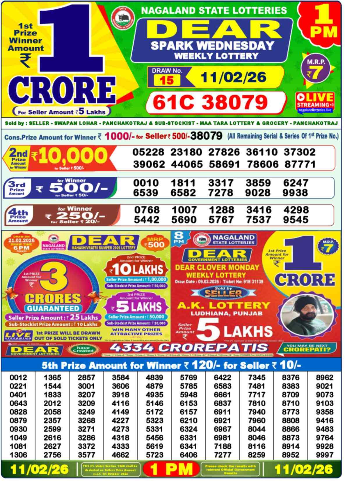 Dear Lottery Result Today 1 PM 11 February 2026