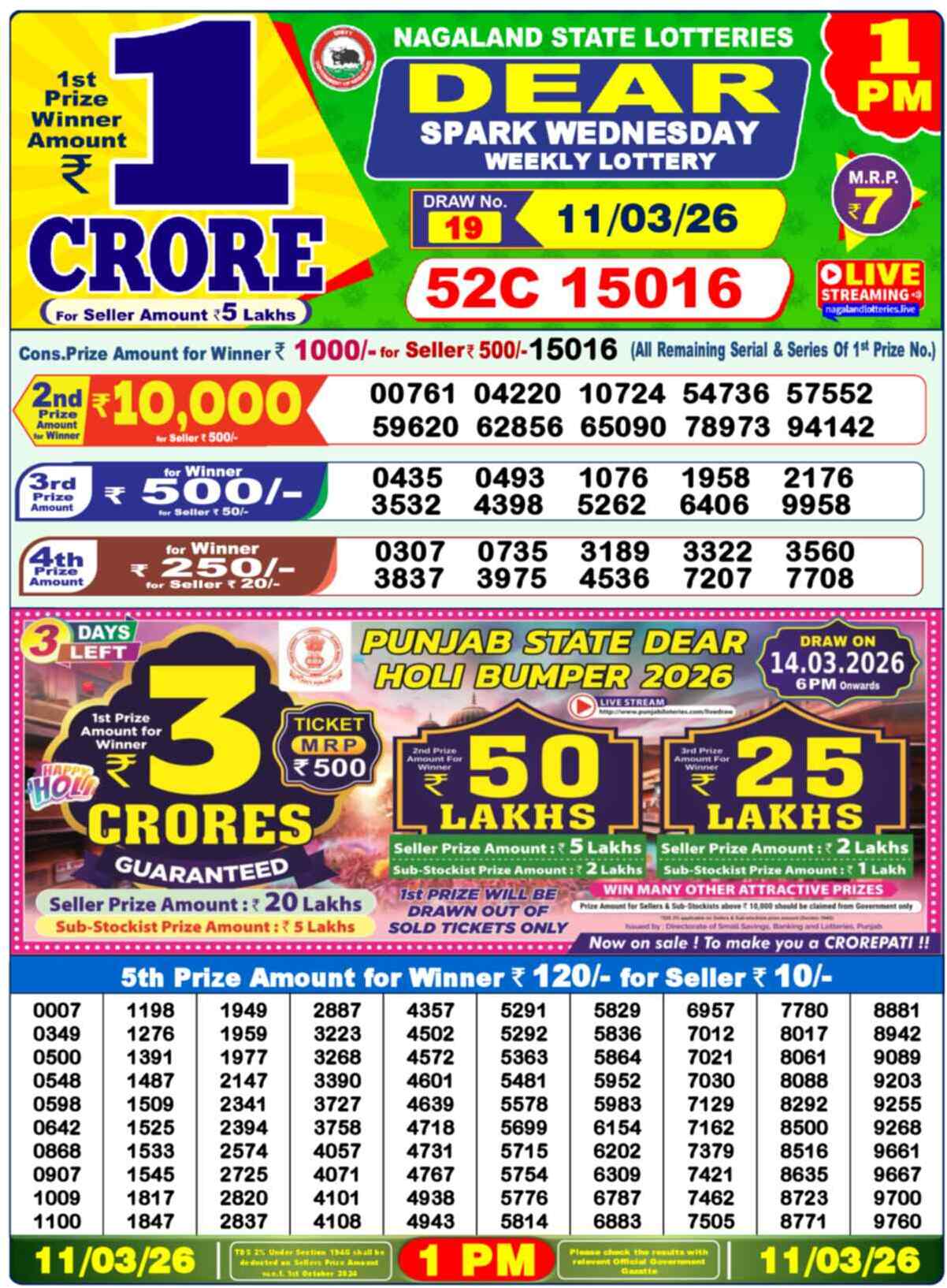 Dear Lottery Result Today 1 PM 11 March 2026