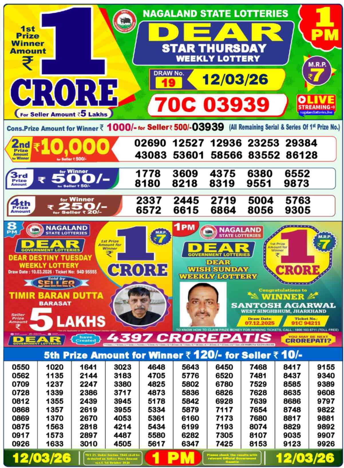 Dear Lottery Result Today 1 PM 12 March 2026