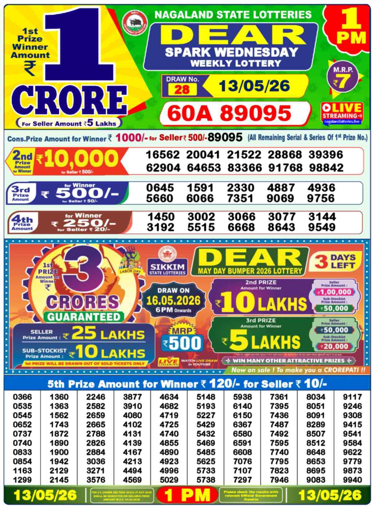 Dear Lottery Result 1:00 PM 2026-05-13