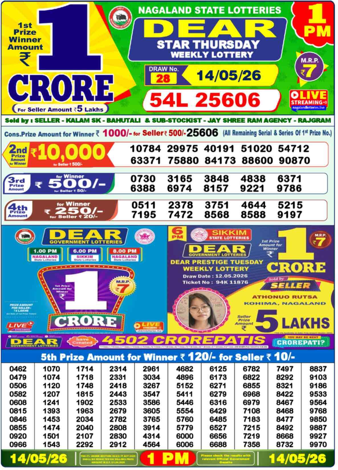 Dear Lottery Result 1 PM 14 May 2026