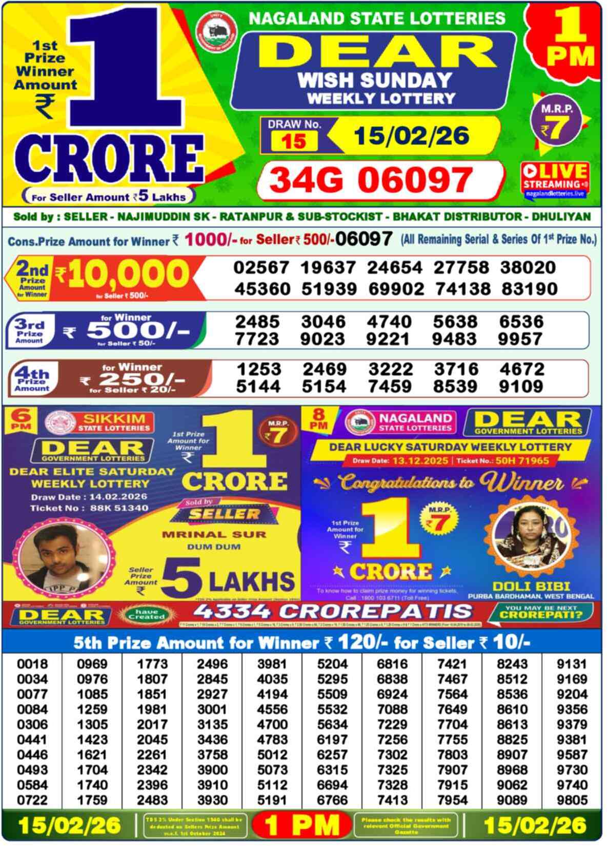 Dear Lottery Sambad Result 1:00 PM Today 15 February 2026