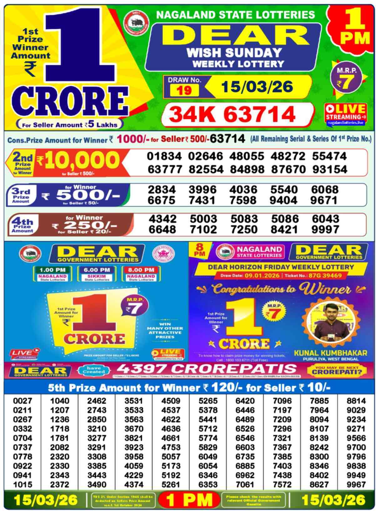 Dear Lottery Result Today 1 PM 15 March 2026
