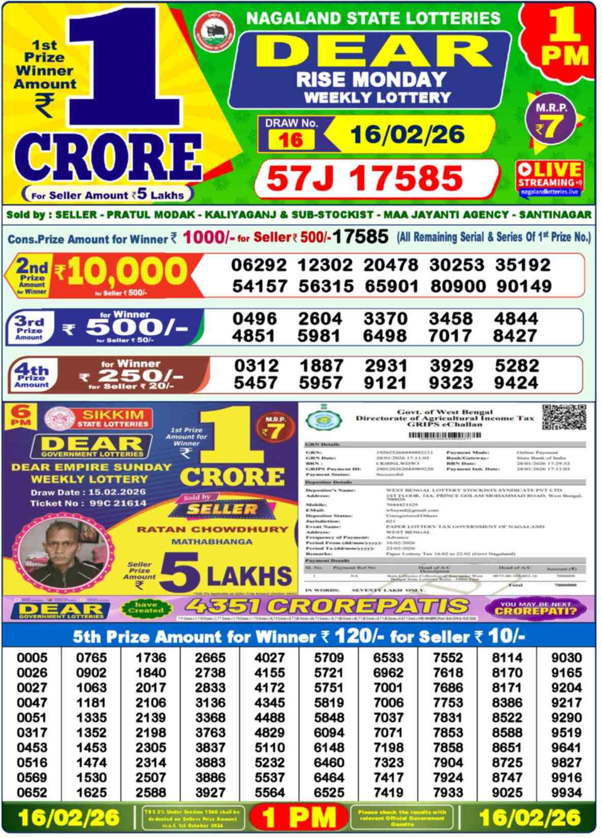Dear Lottery Result Today 1 PM 17 February 2026