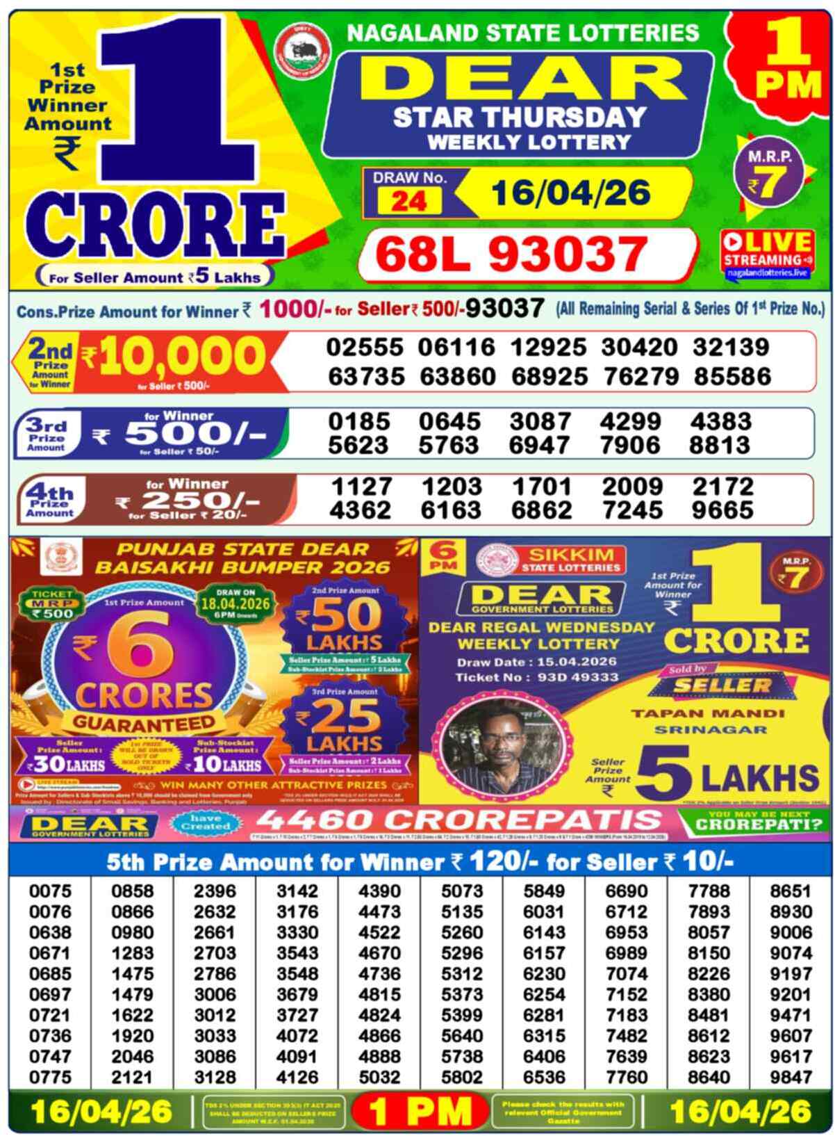 Dear Lottery Result Today 1 PM 17 April 2026