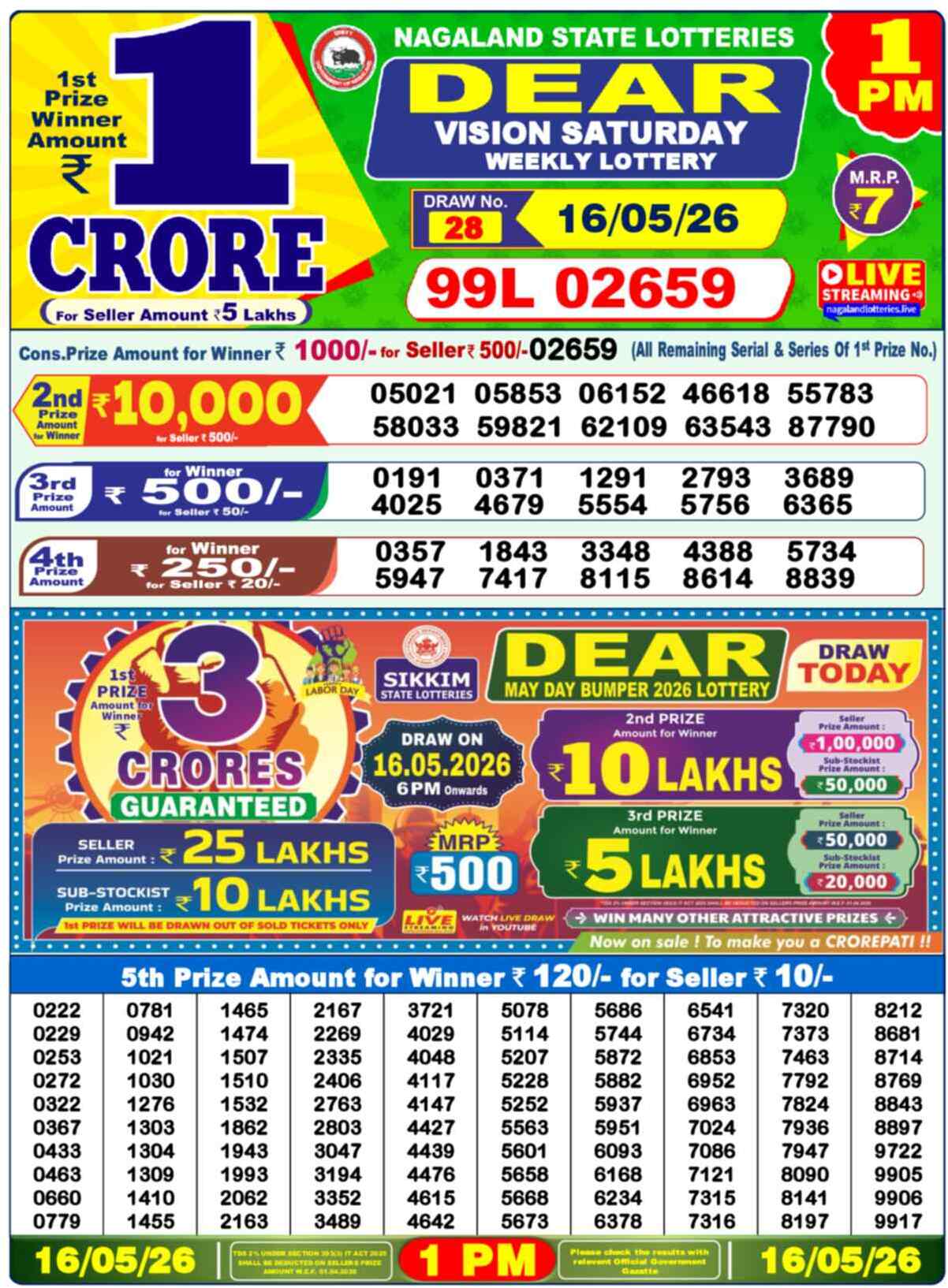 Dear Lottery Result 1:00 PM 2026-05-16