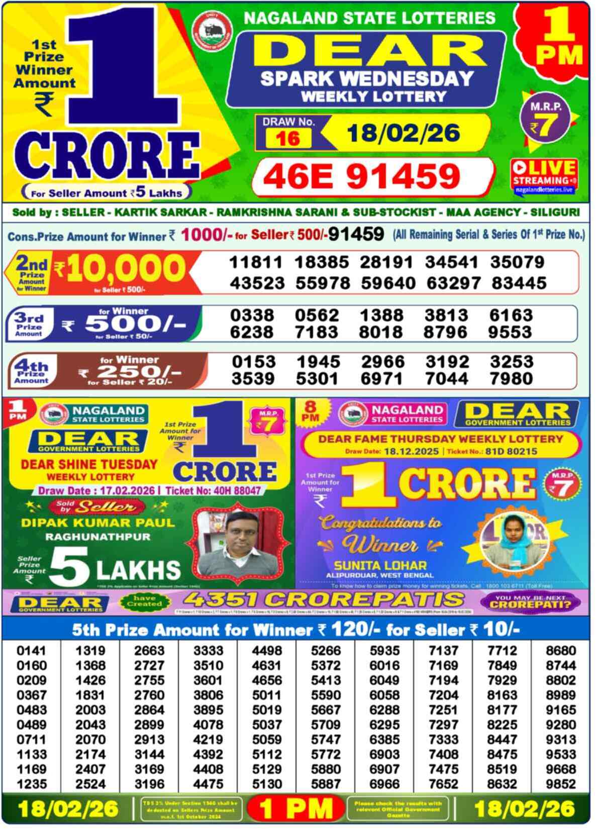 Dear Lottery Result Today 1 PM 19 February 2026